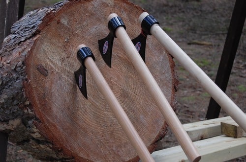 axe throwing; 3 axes stuck on a wooden log
